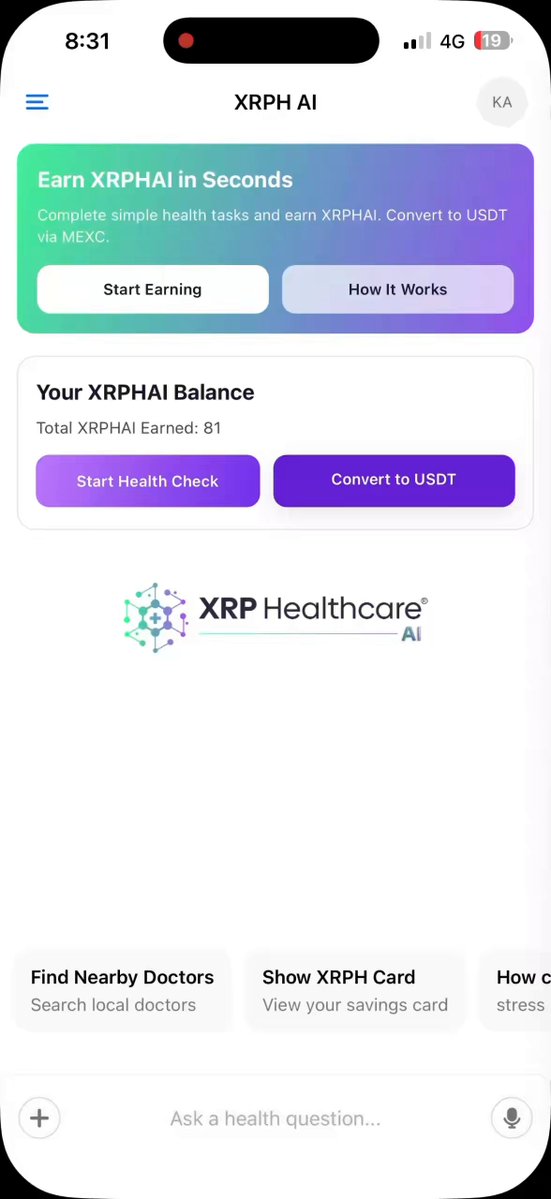 The image shows a smartphone screen displaying an app called "XRPH AI" with a focus on the CalmXRPH app, which offers guided breathing sessions for stress reduction and wellbeing improvement. The app has been used by over 7,800 users who have completed at least seven sessions to earn XRPHAI rewards. The post highlights that the most-used feature in this app is the CalmXRPH app, which provides a calming experience through guided breathing exercises.