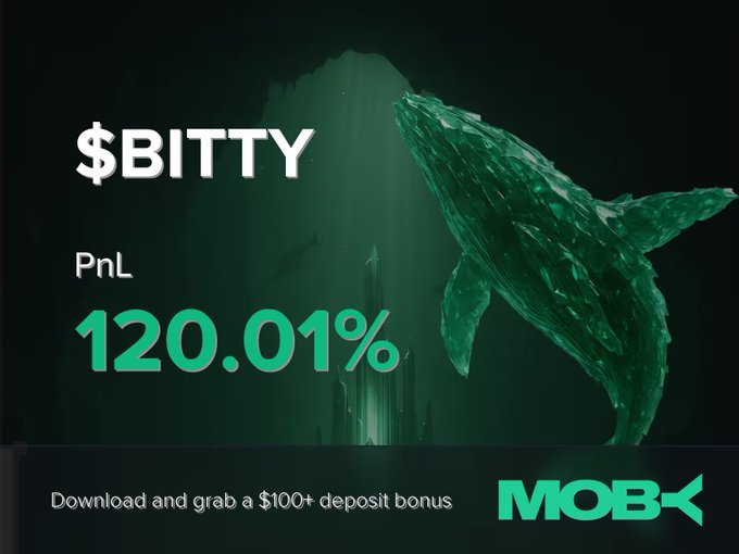 A Moby Mobile promotional graphic featuring a green crystalline whale alongside "$BITTY" and a "PnL 120.01%" display, promoting a deposit bonus download offer.