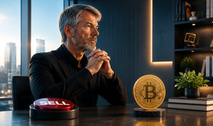 A man in a dark suit sitting at a desk, looking contemplative near a large Bitcoin coin and a red 'SELL' button.