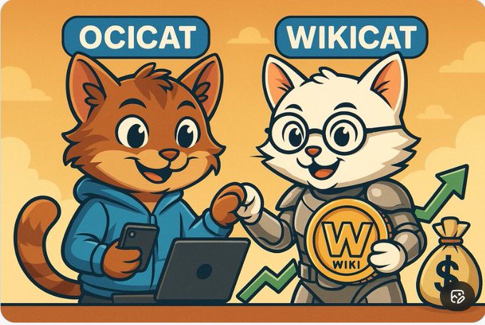 A cartoon illustration shows an orange cat labeled "OCICAT" in a blue hoodie using a laptop and smartphone, fist-bumping a white cat labeled "WIKICAT" wearing glasses, armor, and holding a gold "W WIKI" coin alongside an upward green arrow and money bag. The image visualizes the post's message of both $WKC (WIKICAT) and $OCICAT experiencing upward momentum, with the rising arrow and money symbols reflecting the milestone valuations of $35M and $2M.