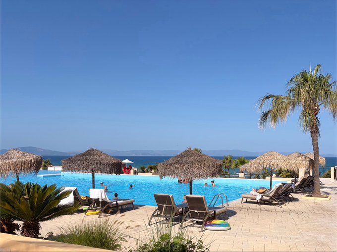 A tropical resort pool scene with thatched umbrellas, lounge chairs, a palm tree, and ocean views under a clear blue sky.