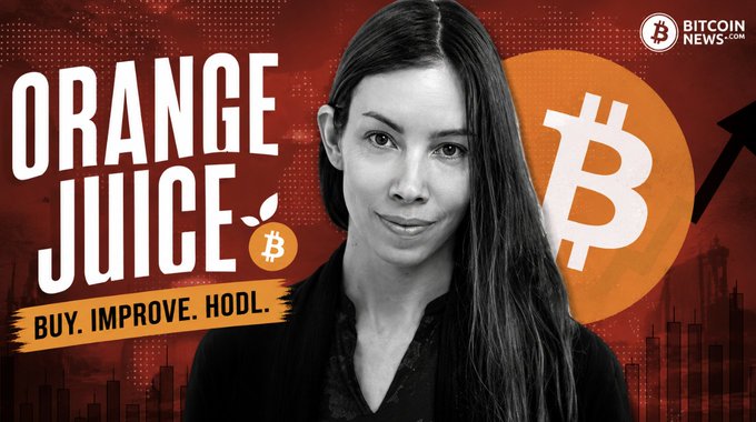 The image is a Bitcoin News promotional graphic featuring a black-and-white portrait of a woman against a red background, alongside large "ORANGE JUICE" text with a Bitcoin logo, a rising arrow, and the tagline "BUY. IMPROVE. HODL." It visually represents the Bitcoin-backed holding company Orange Juice, which raised $40M to challenge traditional private equity by acquiring and holding profitable businesses long-term.