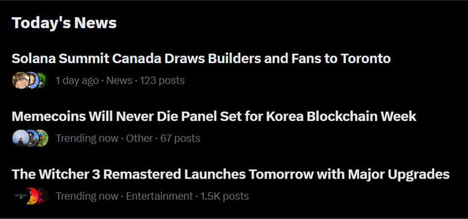 A dark-themed 'Today's News' feed showing headlines about 'Solana Summit Canada Draws Builders and Fans to Toronto', 'Memecoins Will Never Die Panel Set for Korea Blockchain Week', and 'The Witcher 3 Remastered Launches Tomorrow with Major Upgrades'.