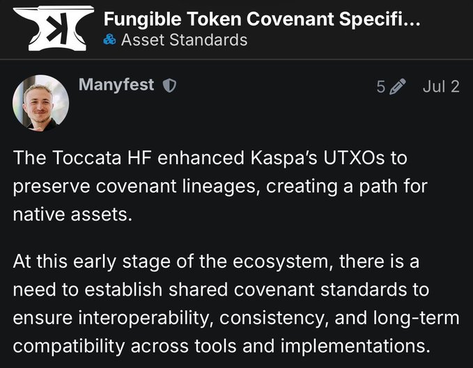 A Discord message from Manyfest in the #kcc20 Asset Standards channel dated July 2 announces that KCC-20 (Kaspa's Fungible Token Covenant Specification) has reached Last Call status, noting that the Toccata HF enabled covenant-aware UTXOs that now allow for native assets, making it the right time to establish shared covenant standards for long-term interoperability.