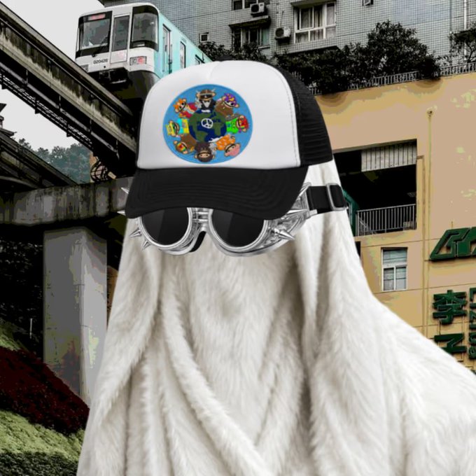 The image features a person wearing a white fur coat, a black hat with a cartoon character design, and goggles. The person appears to be dressed for cold weather or an outdoor adventure. In the background, there are buildings visible behind the person, suggesting that they might be in an urban setting. The post includes text about NFTs (Non-Fungible Tokens) and a link to a website where one can buy these items.