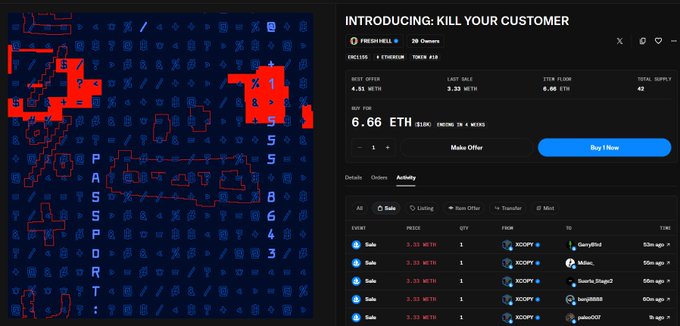 A screenshot of an OpenSea NFT listing titled "Introducing: Kill Your Customer" by XCOPY, priced at 6.66 ETH (~$11K) with a best offer of 4.51 ETH and one prior sale of 5.85 ETH. The left panel features bold red glitched artwork with the word "PASSPORT" visible, while the right shows recent sales activity of other XCOPY pieces on the collection.