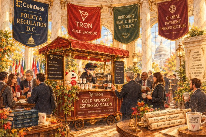 An illustrated promotional scene depicting a TRON "Gold Sponsor Espresso Salon" booth at a CoinDesk event, with banners reading "Policy & Regulation D.C." and "Global Payment Infrastructure."
