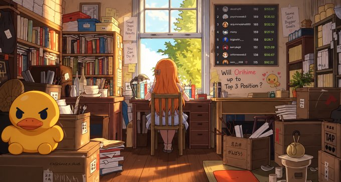An anime-style illustration of a girl with orange hair sitting at a desk in a cozy, cluttered room, with a yellow duck plushie and an overlaid leaderboard graphic reading 'Will Orihime up to Top 3 Position ?'.