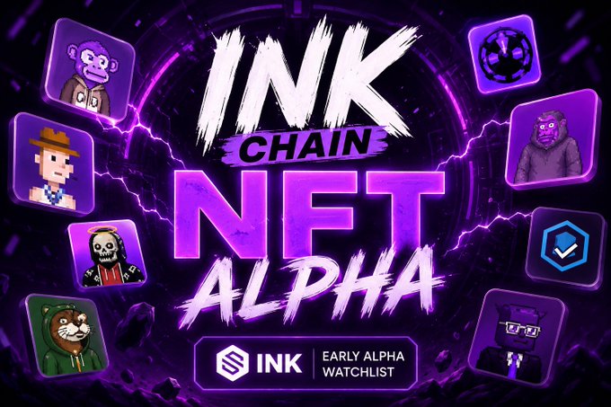 A promotional graphic for 'INK CHAIN NFT ALPHA' with a purple color scheme, featuring NFT character icons (monkey, cowboy, skeleton, cat in hoodie, gorilla, etc.) and an 'INK EARLY ALPHA WATCHLIST' badge.