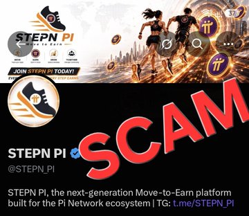 The image shows a promotional graphic for "STEPN PI" (@STEPN_PI) featuring runners alongside cryptocurrency logos, claiming to be a "next-generation Move-to-Earn platform built for the PI Network ecosystem" with a Telegram link t.me/STEPN_PI. It is overlaid with a large red "SCAM" warning, directly supporting the post's urgent alert that this project is a fraudulent scheme using promises of easy profits, free NFT sneakers, and passive income to steal users' Pi cryptocurrency.