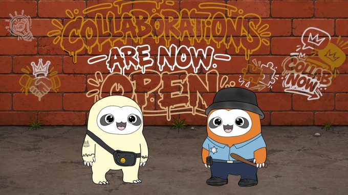 Two cartoon sloth mascots—one wearing a fanny pack and the other in a blue uniform with a cap and bat—stand in front of a graffiti-covered brick wall declaring "COLLABORATIONS ARE NOW OPEN," visually promoting the launch of Critter Bloc's community collaboration event.