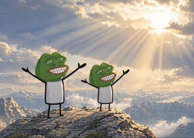 Two Pepe the Frog meme characters stand triumphantly with arms raised on a mountain peak under a sunny sky with sunrays breaking through the clouds.