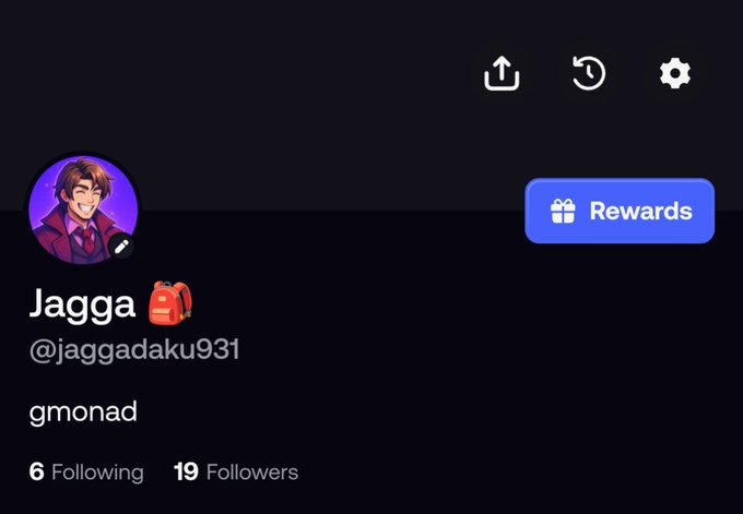 A dark-themed social media profile page for 'Jagga' (@jaggadaku931) with the bio 'gmonad', showing 6 Following and 19 Followers alongside a purple anime-style avatar.