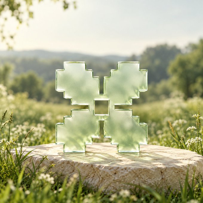 A geometric glass sculpture resembling the Solana (SOL) logo sits on a stone pedestal in a sunlit meadow, visually reinforcing the "$10 sol giveaway" referenced in the post. The transparent, crystalline design mirrors Solana's pixelated emblem, tying the natural outdoor setting to the crypto promotion.