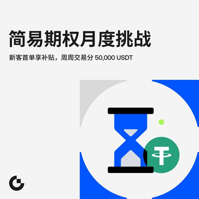 A promotional graphic for Gate.io's "简易期权月度挑战" (Simple Options Monthly Challenge), featuring a blue hourglass icon alongside a Tether (₮) symbol, advertising a 50,000 USDT prize pool for new users completing options trading tasks.