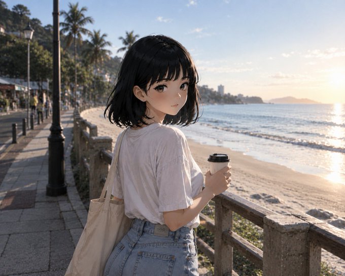 A young woman with short black hair stands on a seaside promenade at sunset, holding a coffee cup while looking out over the ocean, with no visible text in the image. The serene, reflective beachside scene complements the post's contemplative tone about starting a new month and rethinking daily digital habits, evoking a sense of calm renewal that pairs with the introduction to privacy-focused tools like Beldex.