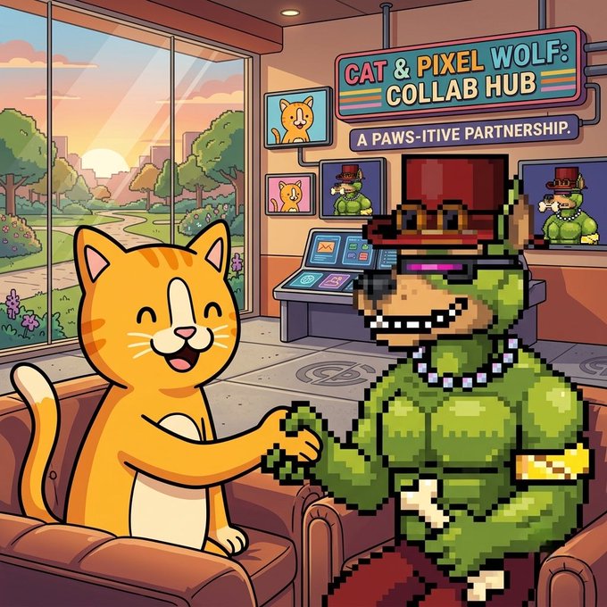 A pixel-art style image titled 'Cat & Pixel Wolf: Collab Hub - A Paws-itive Partnership,' showing an orange cartoon cat and a pixelated green muscular character with a red top hat shaking hands in a room with monitors in the background.