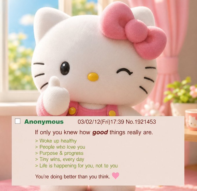 A Hello Kitty plush figure with a pink bow appears behind an anonymous online post dated 03/02/12 that reads: "If only you knew how good things really are," listing affirmations about health, loved ones, purpose, and daily wins.