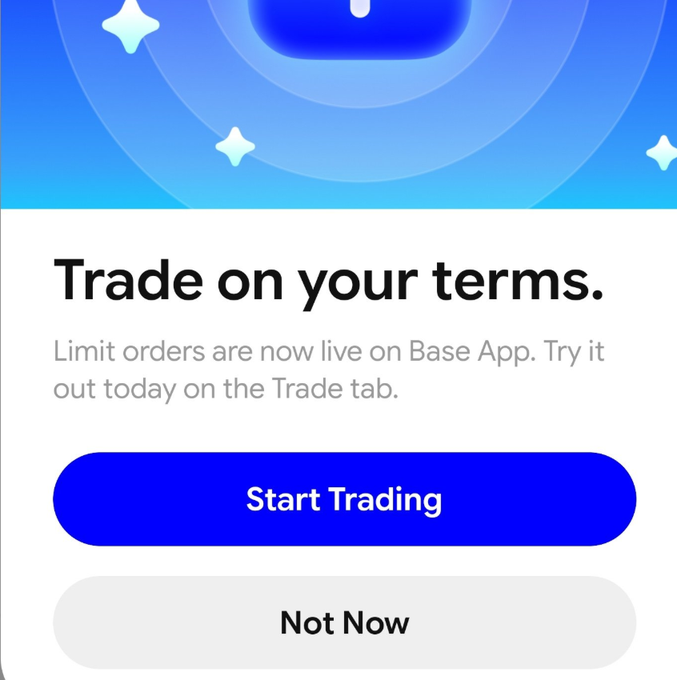The image features a smartphone app icon displaying "Trade on your terms" with a message encouraging users to "Limit orders are now live on Base App", suggesting that they can use this app for trading purposes. The app has been recently opened, but the user seems to be experiencing difficulties and is searching for alternatives or explanations within the app's interface.