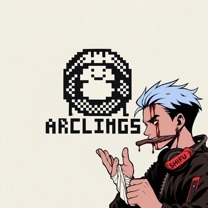 An illustrated character with blue hair, headphones labeled "SHIFU," and a blade in his mouth appears beside the pixelated "ARCLINGS" logo. The promotional graphic supports an upcoming September 16 NFT drop on the Arc Network, offering 5 guaranteed spots to participants who follow the project accounts.