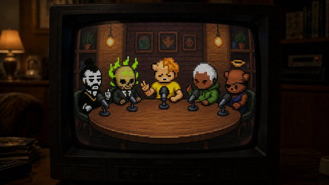Retro television displaying a pixel-art scene of five characters (including one with green flames and others as a bear and dog) sitting around a table with microphones, resembling a podcast setup.