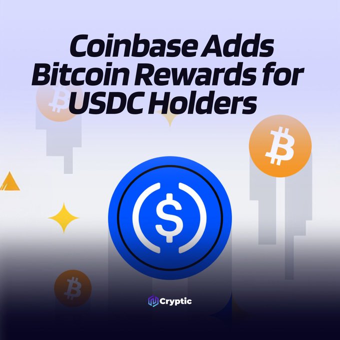 A promotional graphic titled "Coinbase Adds Bitcoin Rewards for USDC Holders" features a central blue USDC coin surrounded by orange Bitcoin symbols, illustrating Coinbase's new program offering weekly BTC rewards and up to 6.5% APY to USDC holders, particularly U.S. Coinbase One members.