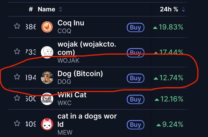 A cryptocurrency listing page showing meme coins ranked by 24-hour performance, with 'Dog (Bitcoin)' / DOG at #194 with a 12.74% increase circled in red.