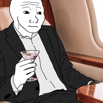 An illustration of the 'Wojak' or 'Soyjak' meme character wearing a suit and holding a martini glass while seated.