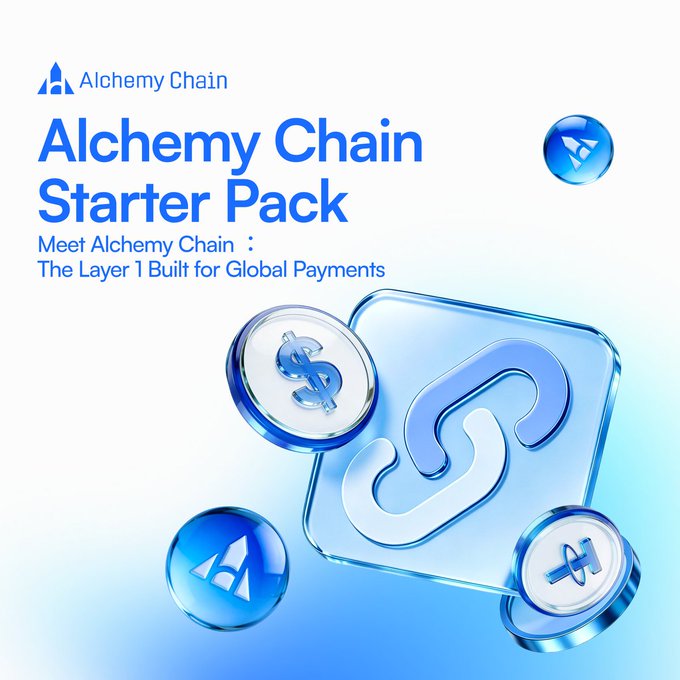 The image is a promotional graphic for the "Alchemy Chain Starter Pack," featuring the text "Meet Alchemy Chain: The Layer 1 Built for Global Payments" alongside 3D-rendered blue icons of a dollar coin, a tether (USDT) coin, and a chain link symbol, visually reinforcing the post's message about $ACH being a new Layer 1 network designed for seamless global stablecoin payments.