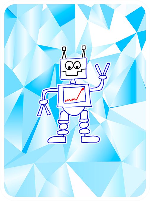 Cute cartoon illustration of a blue-outlined robot with antennas holding scissors in one hand, featuring a chest screen displaying a rising red chart line, set against a crystalline blue geometric background.