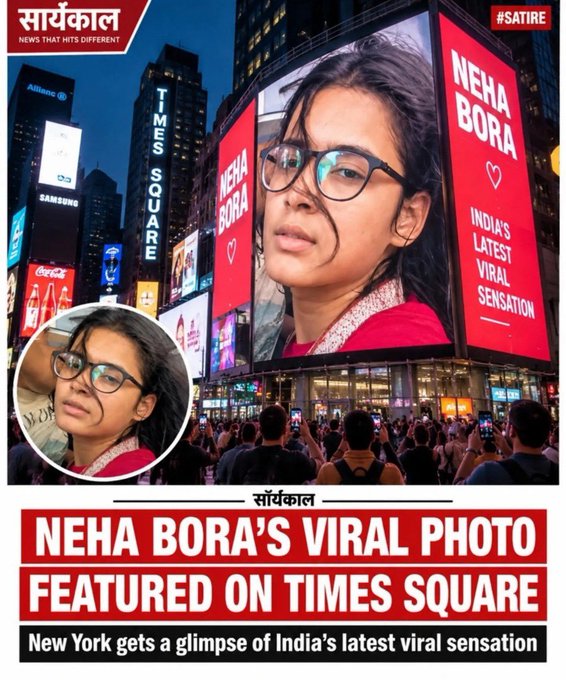 A satirical news graphic from 'सार्वकाल' (Saarvkala) with the tagline 'NEWS THAT HITS DIFFERENT' and hashtag '#SATIRE' shows a billboard at Times Square featuring 'NEHA BORA' with the caption 'INDIA'S LATEST VIRAL SENSATION.' The bottom text reads 'NEHA BORA'S VIRAL PHOTO FEATURED ON TIMES SQUARE — New York gets a glimpse of India's latest viral sensation.'