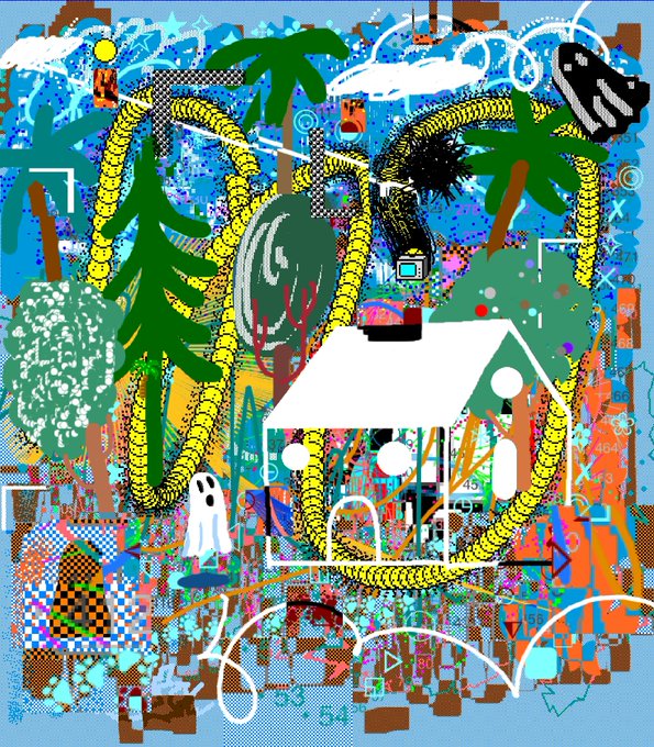 A vibrant, surreal digital artwork features a chaotic scene with palm trees, a white-robed ghost figure, a house, snakes, and various colorful abstract elements against a blue sky.