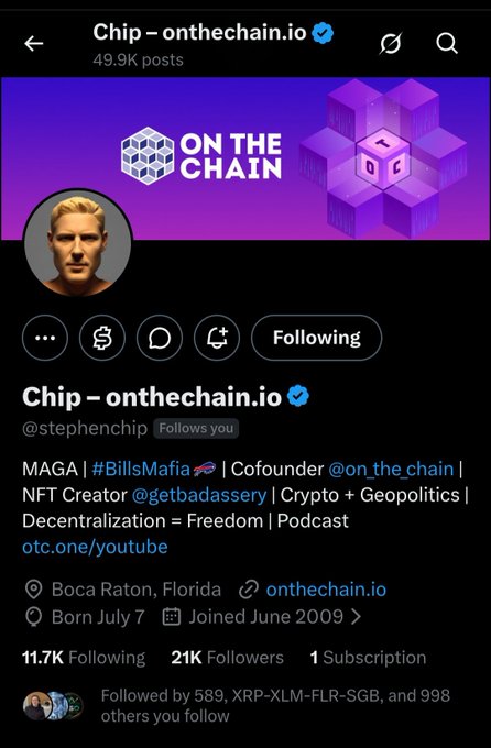 Twitter/X profile page for "Chip – onthechain.io" (@stephenchip), a verified account with 21K followers, 49.9K posts, and 11.7K following, whose bio references MAGA, #BillsMafia, being a cofounder of @on_the_chain, and an NFT creator. The post by Dr. Nguyen is highlighting Stephen Chip as a true "XRP OG" in their worldwide community and asking others to follow him, which aligns with the verified profile shown.