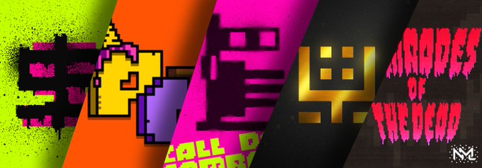 A vibrant collage of pixel art graphics features various designs including a yellow character, a pink/magenta blocky face, and the text 'PARADES OF THE DEAD' on the right.