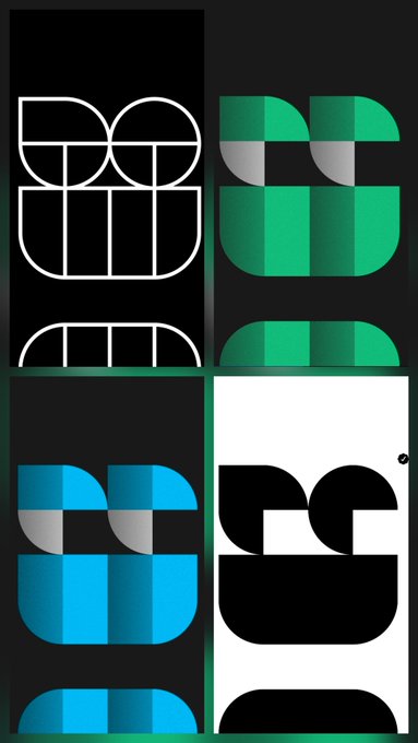 A 2x2 grid displaying four stylized, geometric abstract logo designs in black, white, and green color schemes.