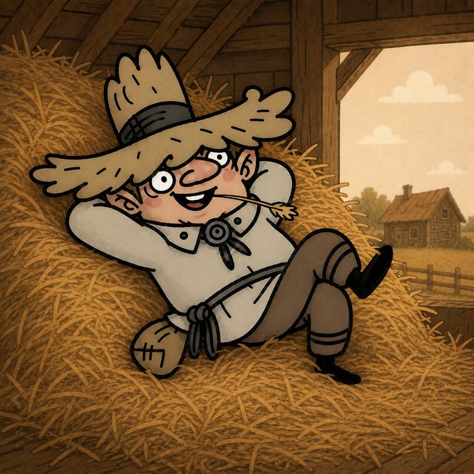 The image features a cartoon character, likely a scarecrow or a farmer's dog, sitting on hay bales inside a barn. The character appears to be relaxed and enjoying its time in the hay. The caption of the image includes an exclamation mark, which adds emphasis to the character's contentment and relaxation. 

The post also contains text that reads "$COWLICK knows how to relax after work! And she'll teach you how!", suggesting a connection between the cartoon character and the cowgirl theme. The overall image conveys a sense of leisure and enjoyment, with the character seemingly taking a break from its daily tasks in the barn.