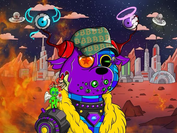 A vibrant, surreal digital artwork features a purple dog-like character wearing a green 'BBB' cap with multiple eyes, set against a sci-fi alien landscape with UFOs, flying eyeballs, and futuristic city buildings.