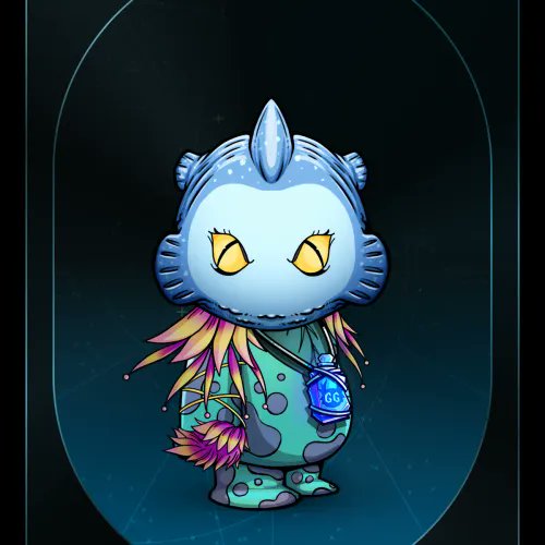 A cartoonish blue creature with yellow eyes and spiky pink and orange fur wearing a green outfit with a blue badge, set against a dark background.