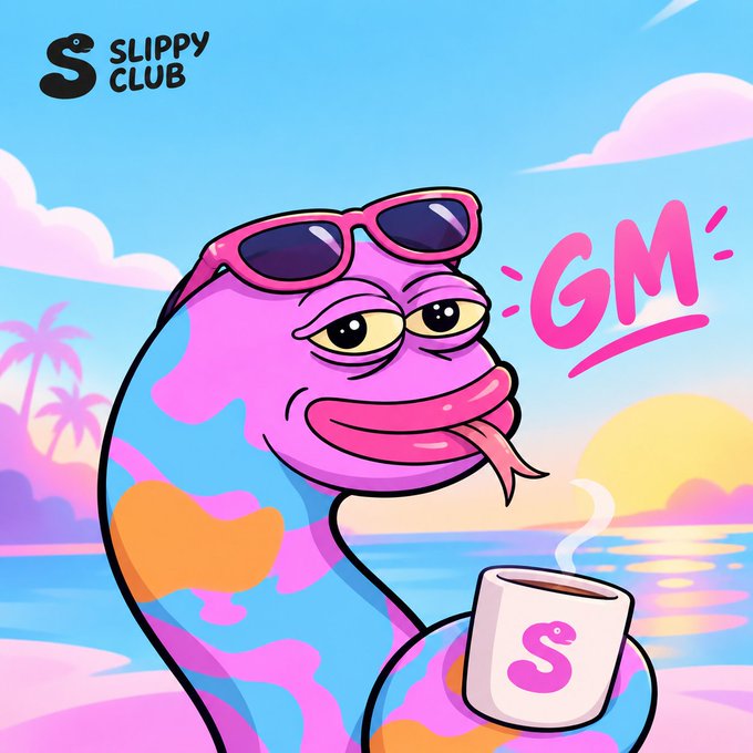 A cartoon illustration for 'SLIPPY CLUB' showing a purple and blue colored character wearing sunglasses and holding a branded mug, saying 'GM' against a tropical beach sunset background.