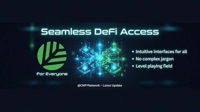 The image is a promotional graphic from CNPY Network titled "Seamless DeFi Access," featuring a green leaf-like logo with the tagline "For Everyone" alongside a glowing circuit-board brain graphic. Bullet points highlight key features: "Intuitive interfaces for all," "No complex jargon," and "Level playing field," emphasizing the platform's mission to make decentralized finance accessible to all users, aligning with the post's theme of simplifying decentralized networks.