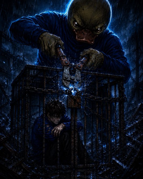 Dark, dramatic digital artwork showing a menacing duck-like figure cutting chains on a cage to free a young boy inside, set in a rainy environment.