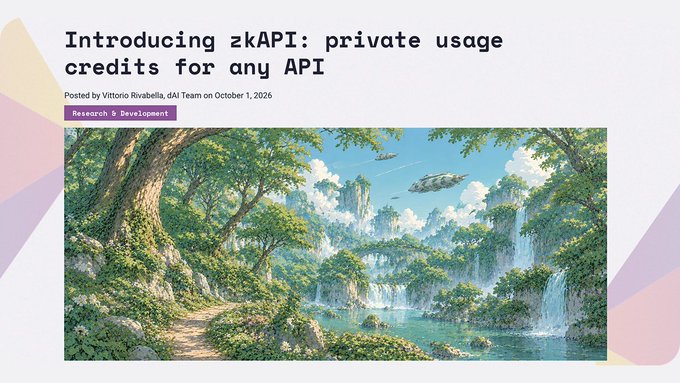 A blog post header titled 'Introducing zkAPI: private usage credits for any API' posted by Vittorio Rivabella from the dAI Team on October 1, 2026, categorized under Research & Development, featuring an AI-generated illustration of a lush fantasy landscape with waterfalls and airships.