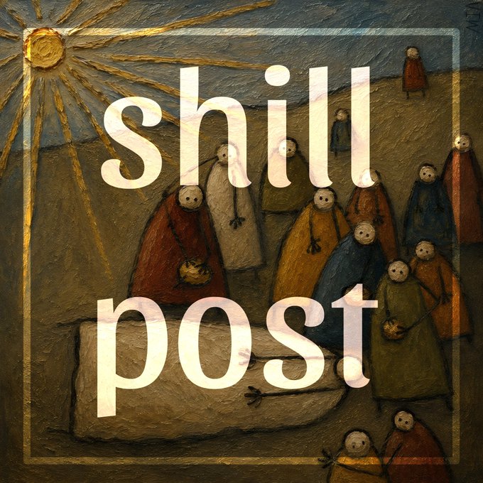 An artistic painting-style image with the text 'shill post' overlaid on a group of cloaked figures gathered under a sun.