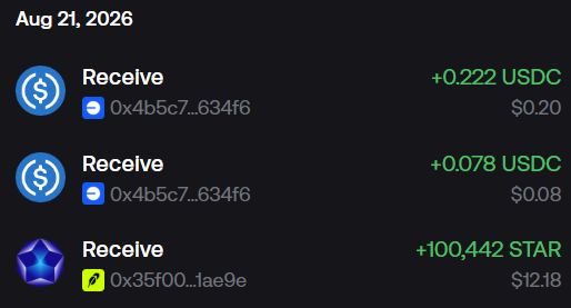 A cryptocurrency transaction history showing three 'Receive' entries on Aug 21, 2026, with amounts of +0.222 USDC ($0.20), +0.078 USDC ($0.08), and +100,442 STAR ($12.18).