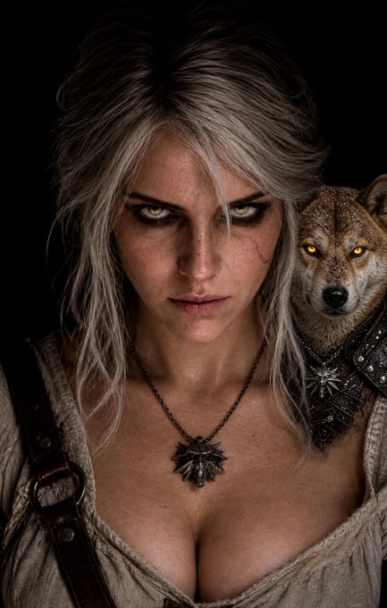 A digital artwork of a stern-looking woman with blonde hair and yellow eyes, wearing a wolf medallion necklace, with a wolf companion wearing studded armor standing behind her.