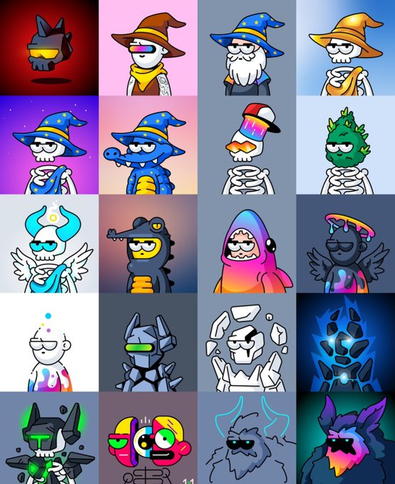 A grid of various cartoon character illustrations, many featuring wizard hats, skeletons, and stylized creatures in different color schemes.