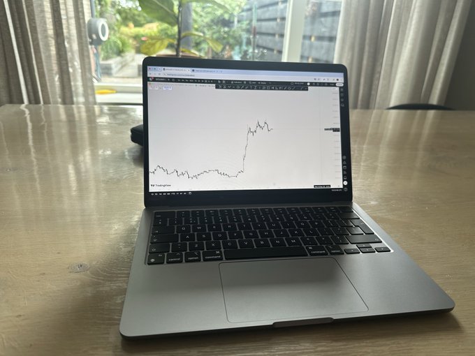 A space gray MacBook sits open on a wooden table displaying a TradingView chart of Bitcoin's price with a sharp upward spike, aligning with the poster's Sunday trading enthusiasm for $BTC and $ETH.