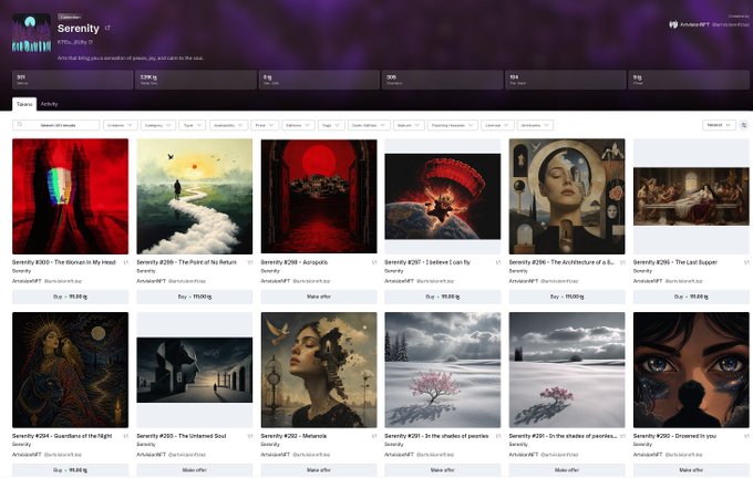 An NFT marketplace page displaying a collection named 'Serenity' featuring various surreal and artistic digital artworks with prices listed in 'g' (likely the gALA token).