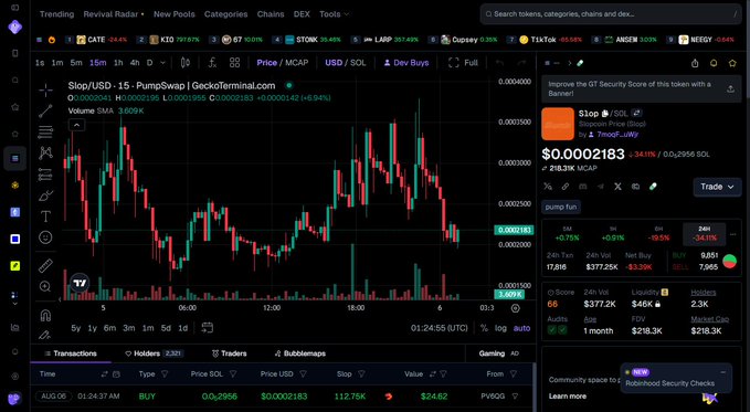 A screenshot of the DexScreener trading platform displays the $SLOP/SOL token pair chart, showing a current price of $0.00002183 (-34.11%) with a 24H volume of $377.25K, market cap of $218.3K, and liquidity of $25.6K. The accompanying post promotes $SLOP as a Solana meme coin with room to grow, highlighting a $170k position being accumulated since the previous week.