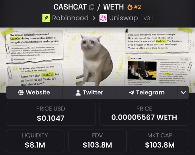 A meme coin dashboard displays CashCat (CASHCAT) on Robinhood/Uniswap V3, showing a current price of $0.1047 (0.00005567 WETH), $8.1M liquidity, and a $103.8M market cap, accompanied by a photo of a white cat and news clippings referencing CashCat's role in Robinhood's history. The image supports the post by illustrating the token's significant 60%+ drop from its all-time high, suggesting a buying opportunity for those waiting for a dip on this community-driven Robinhood-themed asset.